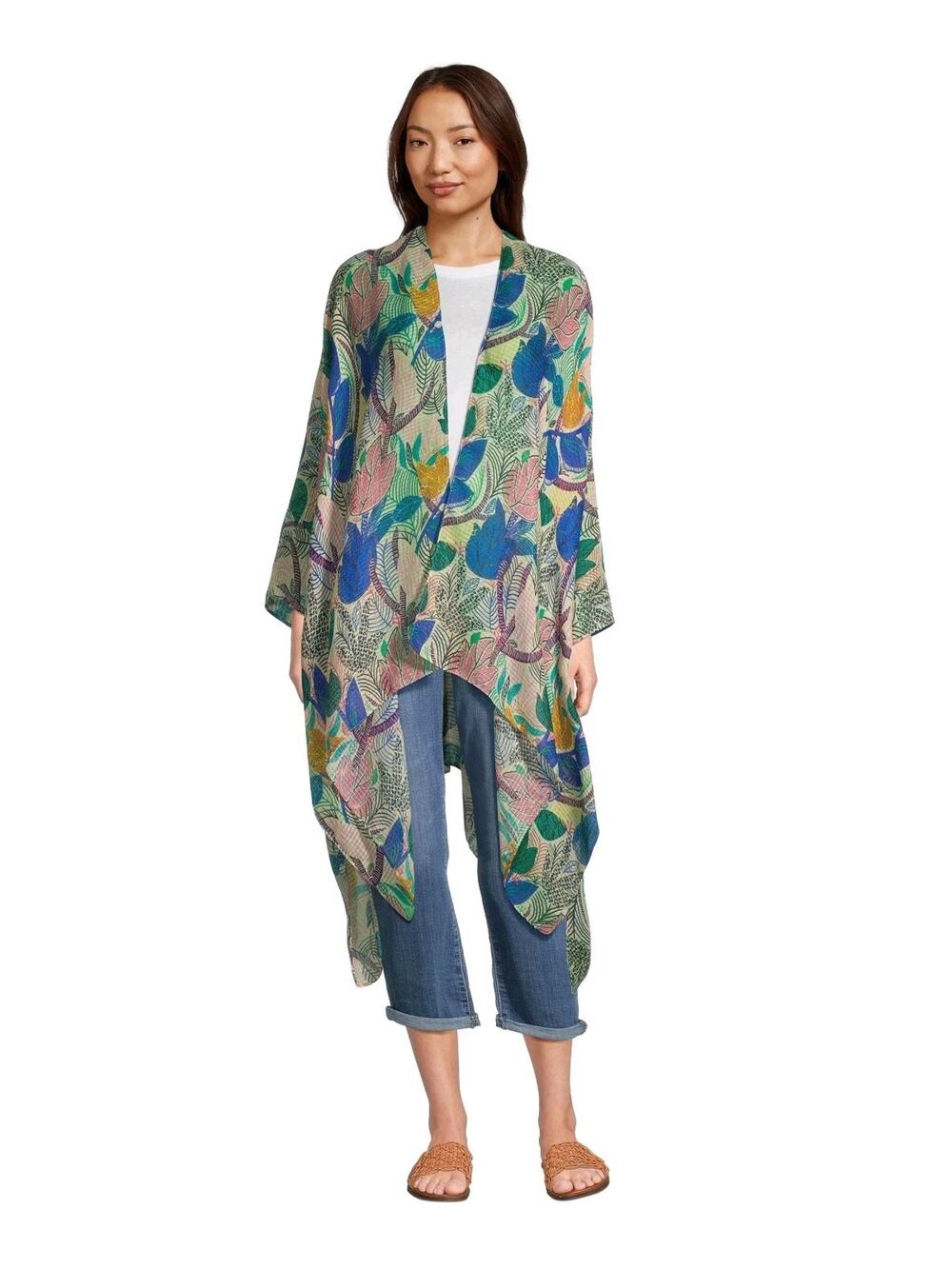 World Market Blue Green Floral Kimono Cover Up NWT One Size